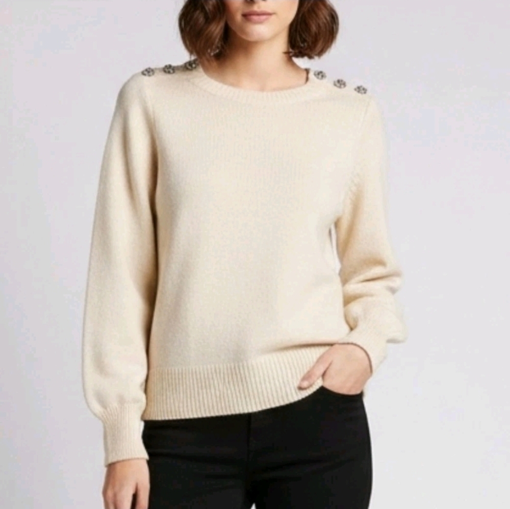 J. Crew Ivory Sweater XS Lambswool Blend Crew Neck Retro Rhinestone Trim Womens